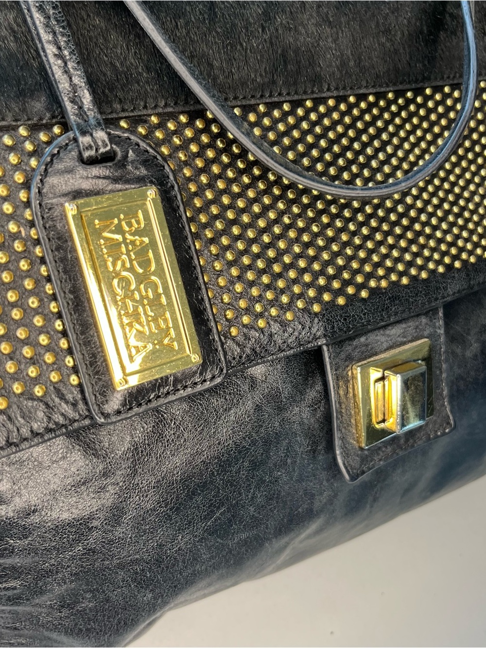 Leather Badgley Mischka Black Satchel with Gold Hardware - Picture 4 of 8